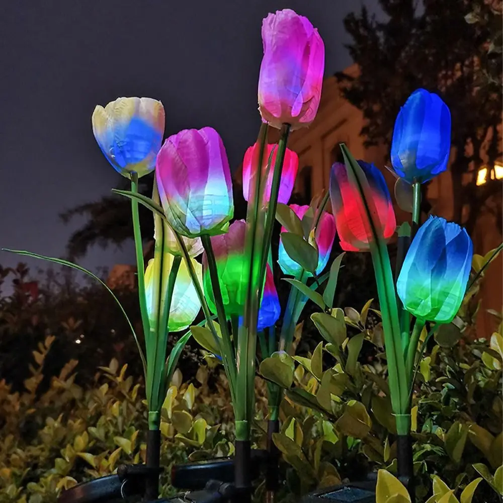 DIY Decoration Stainless Steel Solar LED Light Modern Creative Tulip Rose Flower Lamp Waterproof Simulated Lawn Lamp Walkway