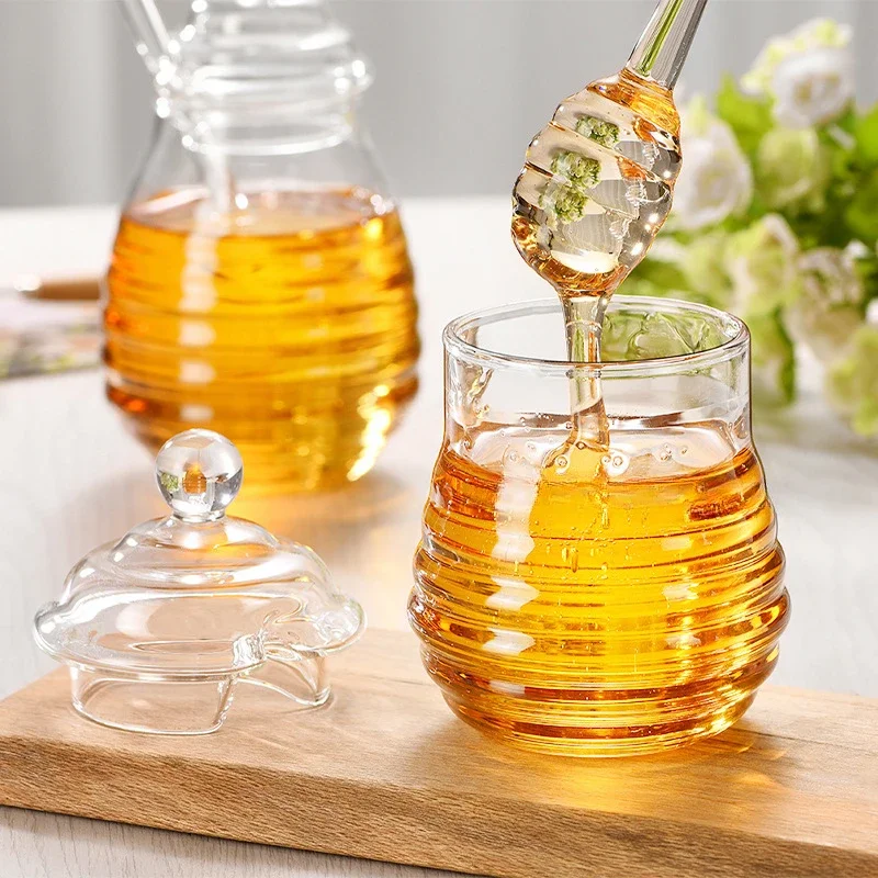 Glass Honey Jar Clear Glass Honey Pot with Dipper Spoon Small Kitchen Storage Bottle Jar Honey Server Container for Syrup