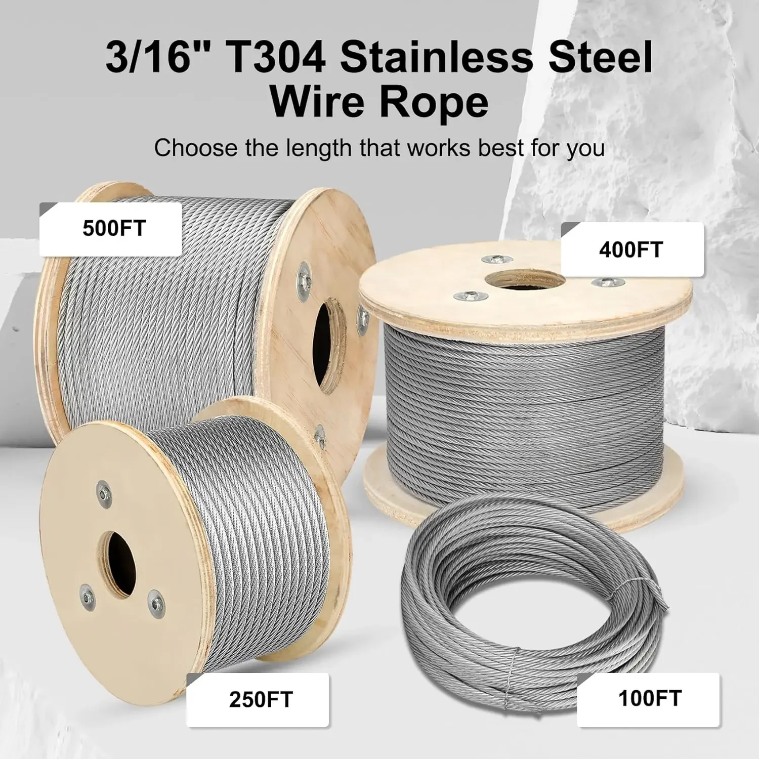 3/16" Stainless Steel Cable, 500ft Wire Rope, 7X19 Strands Aircraft Cable, 3700lbs Breaking Strength, Zip Line for Hea