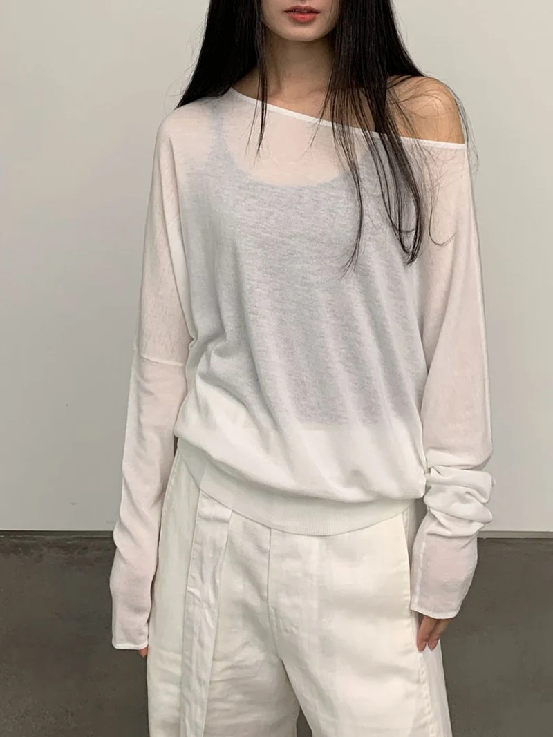 

Вязаный топ-бэтвинг оверсайз с вырезом-лодочкой, прозрачный летний свитер с открытыми плечами из лиоцелла и хлопка