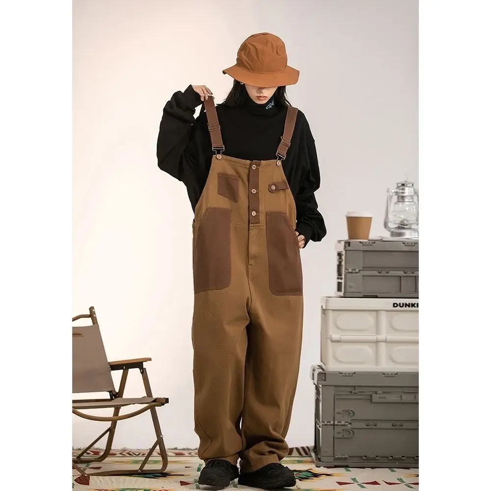 

Vintage Women Denim Suspender Pants Contrast Color Pocket Reversible Casual Wide Leg Jeans Female Autumn Versatile Cargo Overall