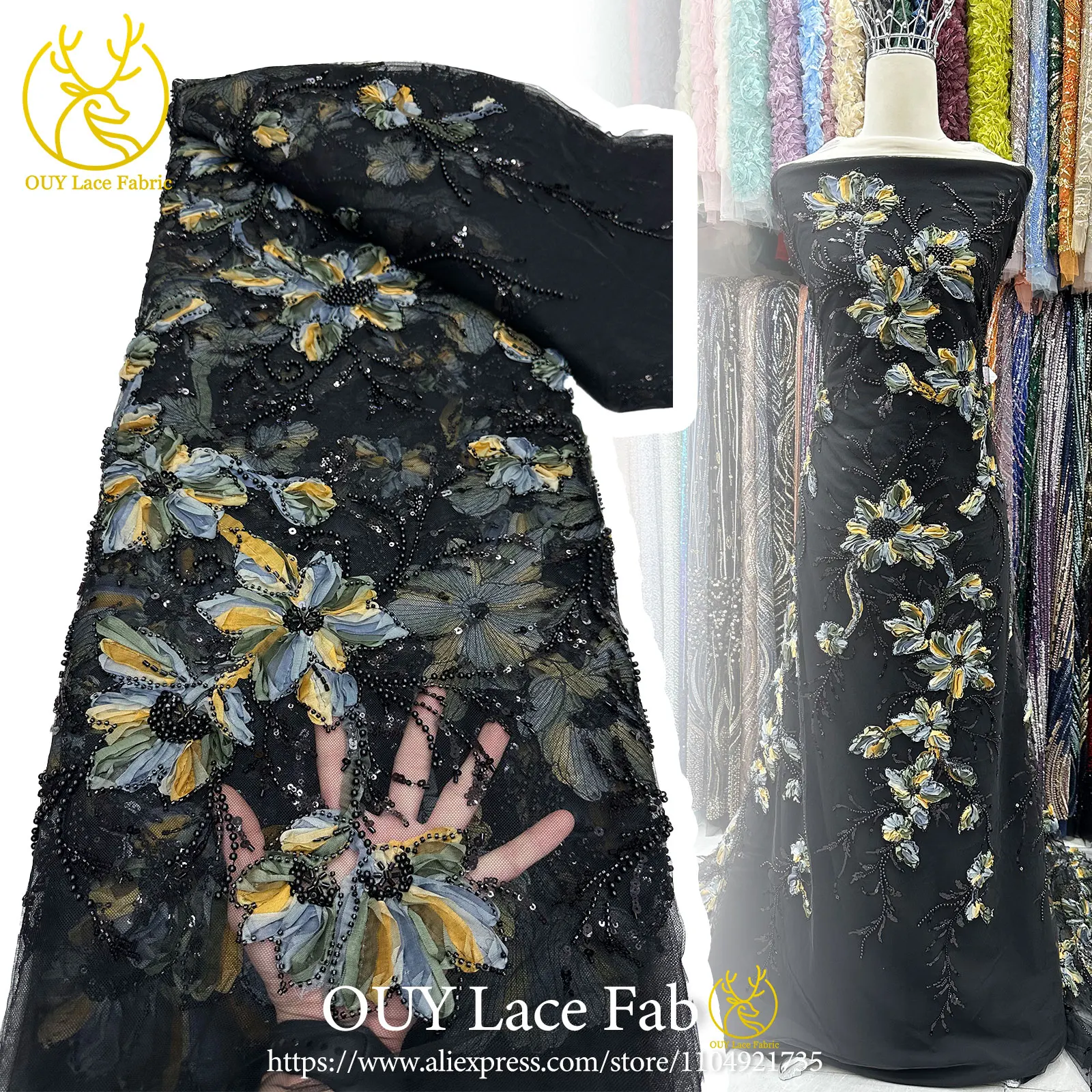 

Nigerian 3D Beaded Tulle Lace Fabric 2026 Fashion African French Sequined Mesh Lace Fabric Suitable for Wedding Party Dresses