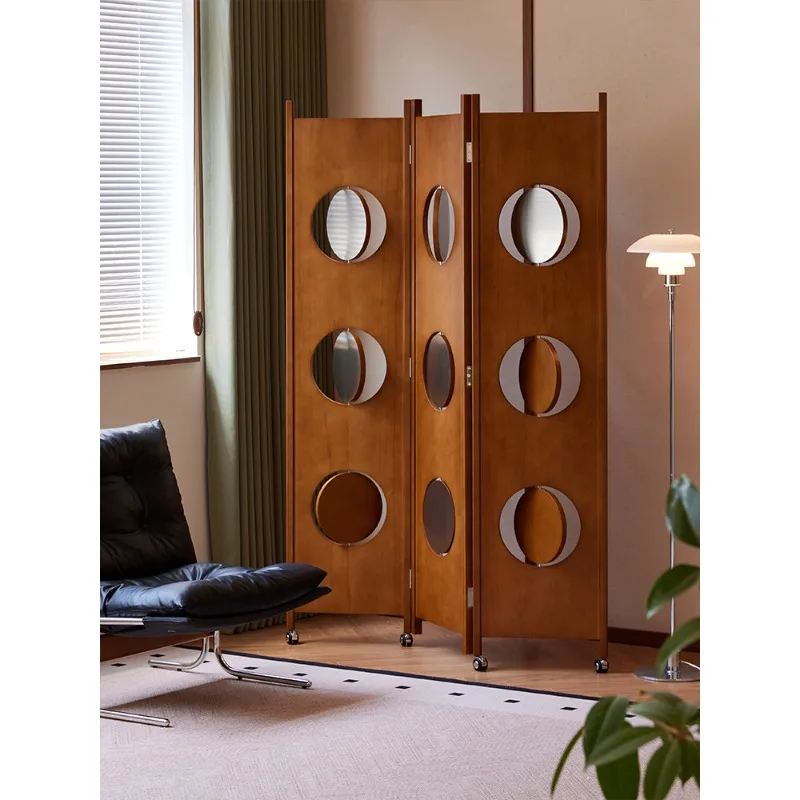 Full moon screen retro removable screen partition living room 2025 new solid wood high-end bedroom folding screen