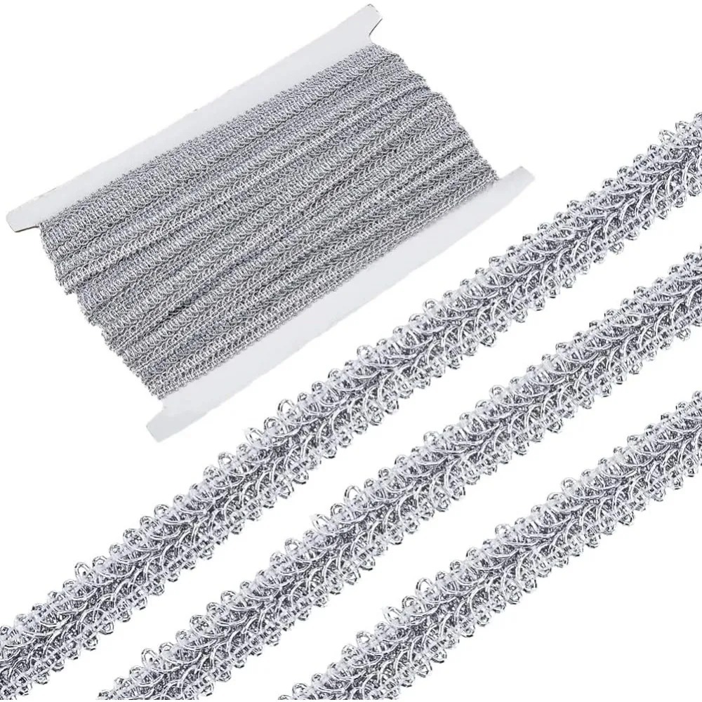 14.2Yds شريط معدني فضي جديلة حواف الأعرجاب 1/2 بوصة متموجة مزخرفة من البوليستر المسطح شريط جاكار منحنى حافة البندقية
