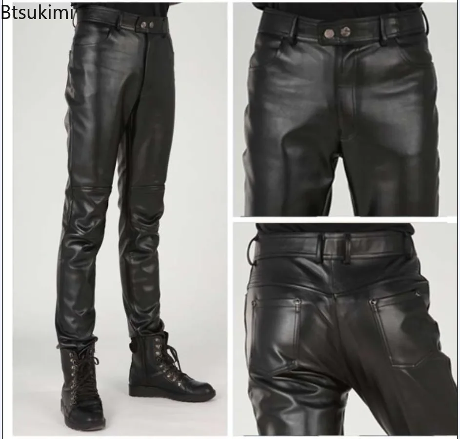 New Men's PU Leather Pants Fashion Slim Leather Trousers Spring Autumn Elastic Motorcycle Pants Waterproof Oil-Proof Male Pants