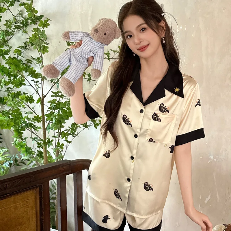 Fashionable New Pajama Women Summer Short Sleeve Shorts Ice Silk Satin Cartoon Cat Lapel High Quality Sweet Ladies Pyjama  Sets