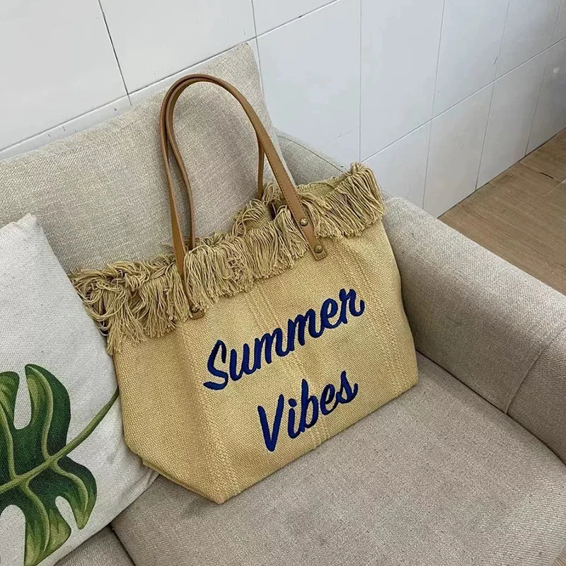 

2025 Women's New Fashionable Tassel Handbag Beach Handbag Letter Embroidered Large Capacity Shoulder Bag