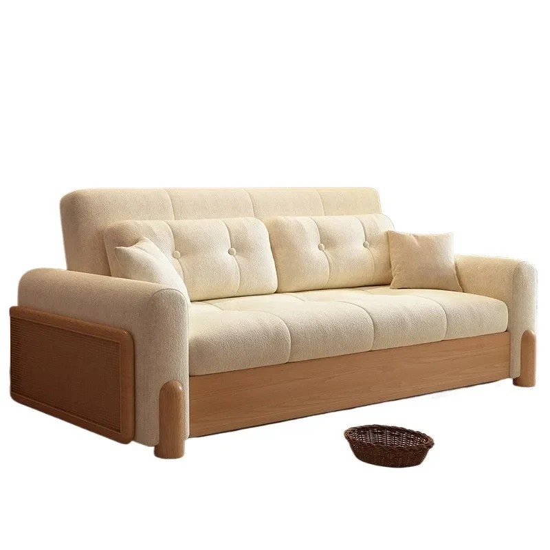 Ash Wood Solid Wood Sofa Bed Folding Dual Purpose Multifunctional Living Room Small Apartment Straight Row Log Style Fabric