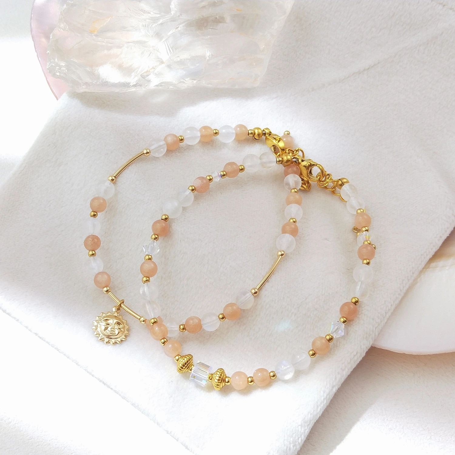 

Lii Ji Natural Stone Sunstone Moonstone 4mm Stainless Steel 14K Gold Filled Bracelet Handmade Jewelry For Female