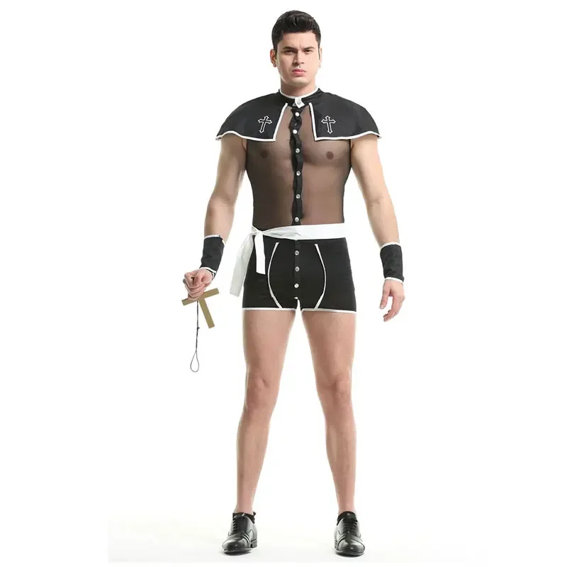 

Mens Sexy Mesh Priest Cosplay Uniform Set Gay Bar Role Pastor Easter Carnival Halloween Play Dance Perform Costume Outfit