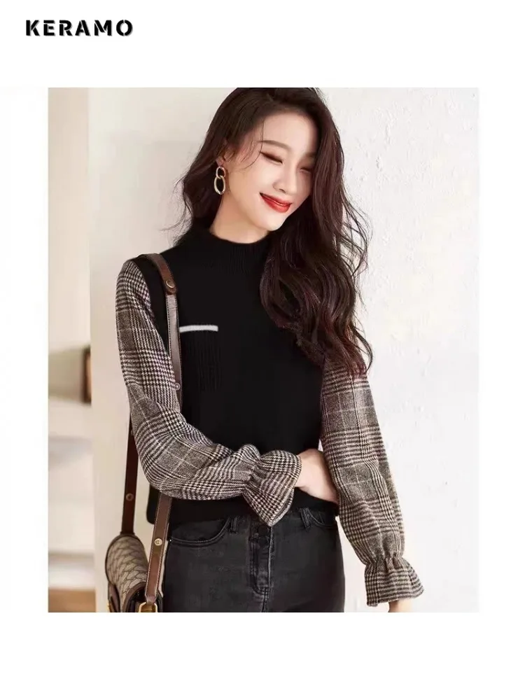 Casual Plaid Patchwork Office Lady Knitting Long Sleeve Jumpers 2025 Winter Women's Round Neck Elegant Slim Fit Sweater Top