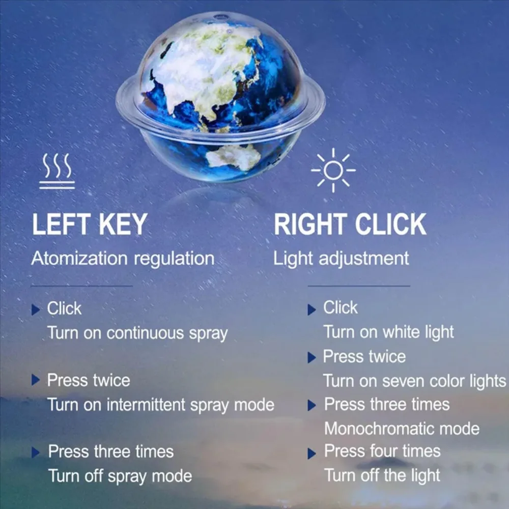 Jupiter Earth Planet Humidifier 7 Color LED Night Light 330ml USB Quiet Ultrasonic Aroma Diffuser for Bedroom Office Desk