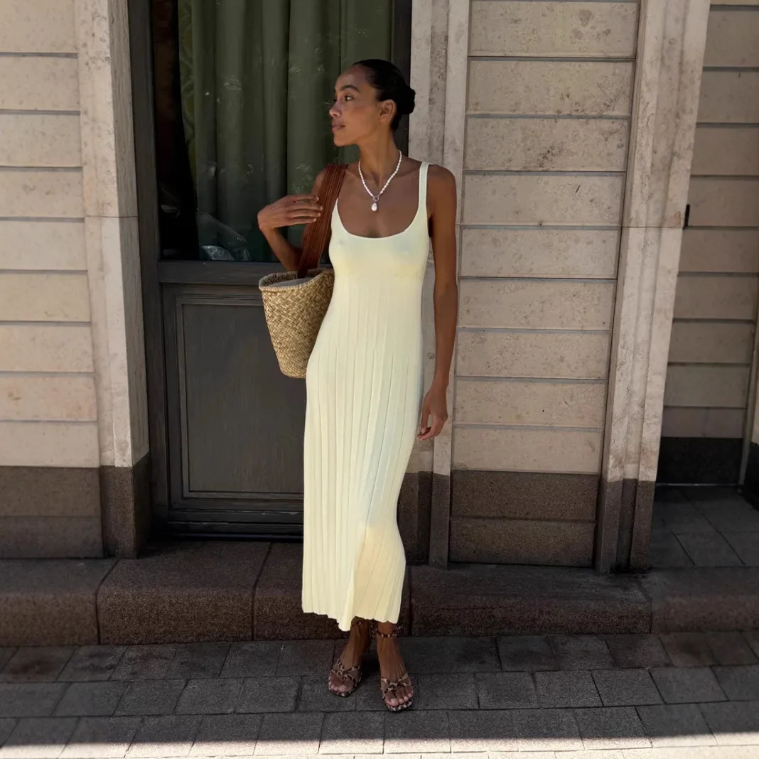 

2025 New Vacation Style U-Neck Camisole Women's Beach Sexy Knitted Pit Stripe Long Dress, Summer
