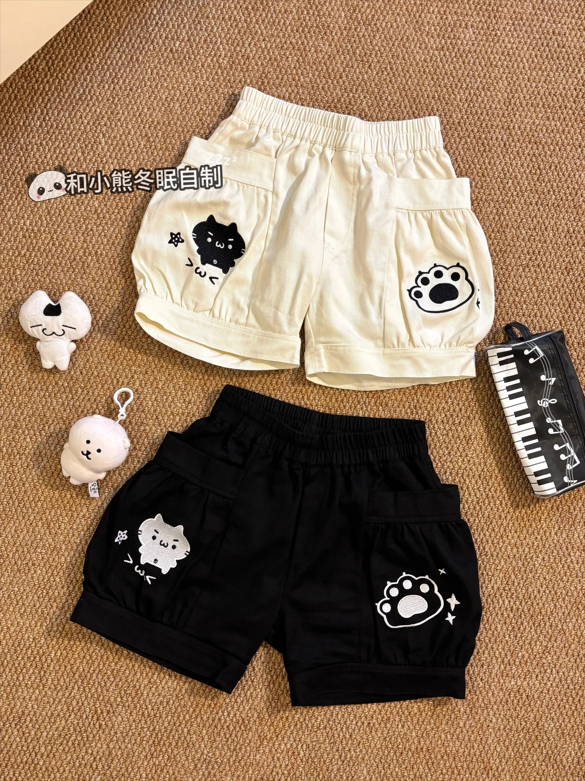 

Kawaii Cat Print Shorts Women 2025 Summer Harajuku Loose Elastic Waist Shorts with Pockets Cartoon Paw Embroidery Korean Style