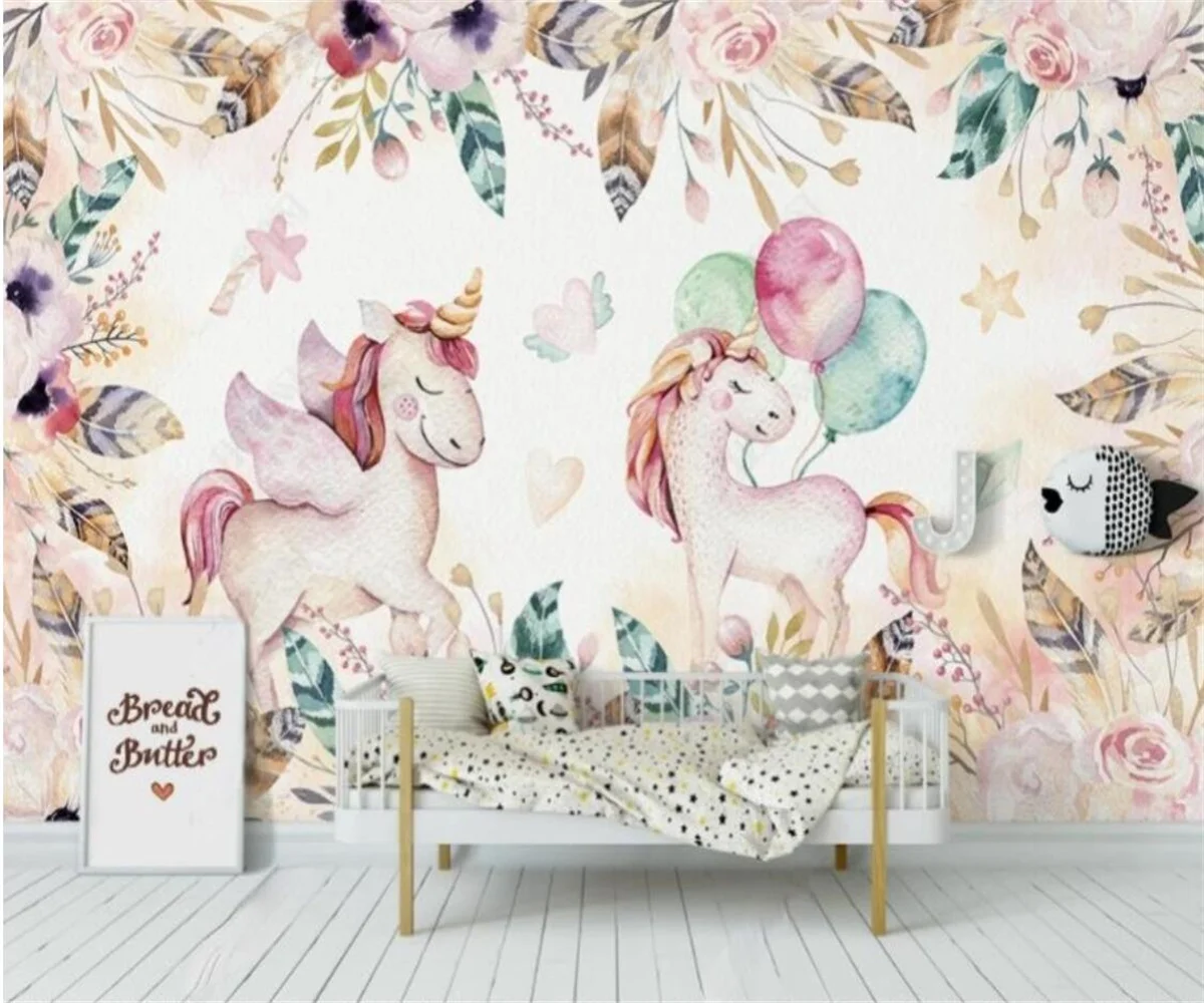 

customized high-end mural White Horse Unicorn Flower cartoon wallpaper children's room home decoration Relief mural