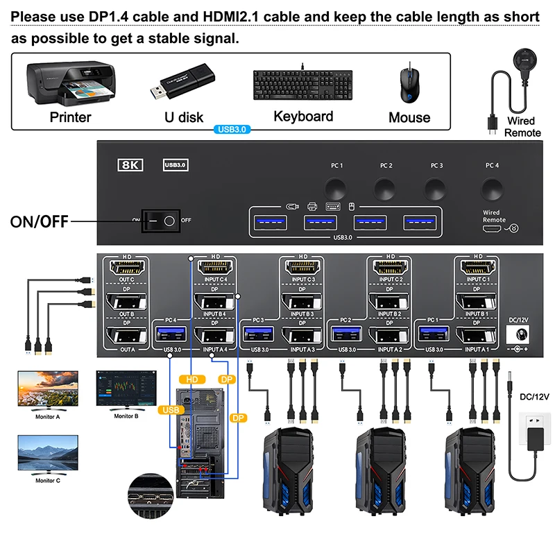 Adapter USB3.0/konwerter rozdzielacz przełącznik udostępnianie ekranu przełącznik KVM USB3.0 gra USB HUB rozdzielacz KVM przedłużacz stacja dokująca 4K