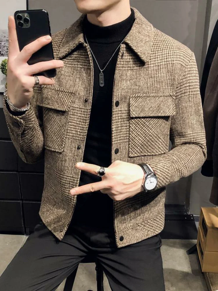 

Мужское шерстяное пальто в клетку, повседневное, в корейском стиле, из хлопка, утепленное, осенне-зимнее, ветровка, свободного кроя