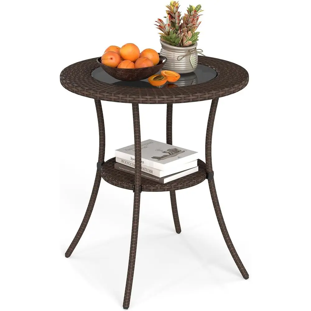

Round Outdoor Patio Wicker Side Table with Storage Shelf and Tempered Glass Top, Brown