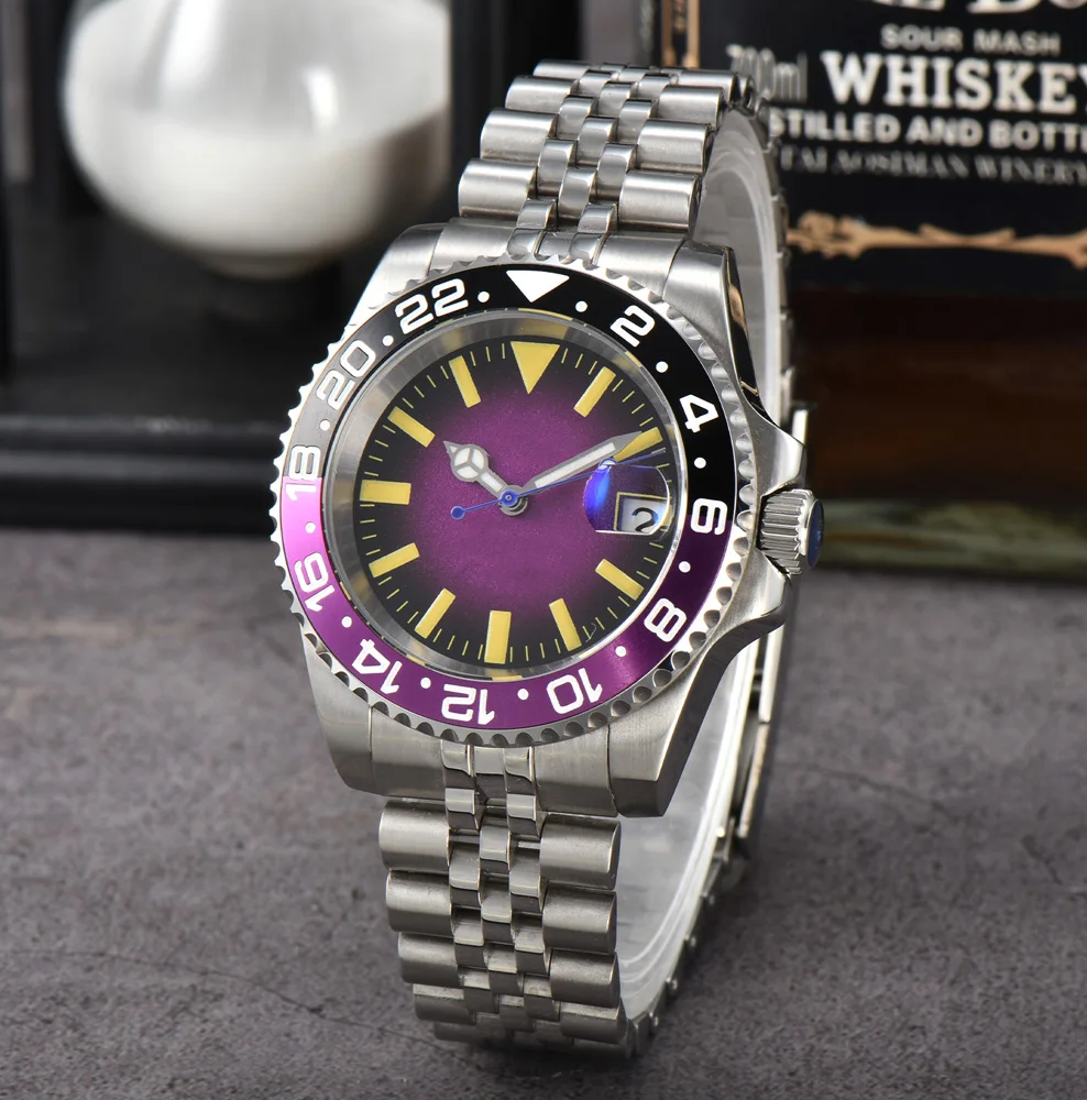 40mm Men\'s Watch NH35 Watch Silver Jubilee Band Sterile Luminous Dial Stainless Steel Sapphire Crystal Glass Case Watch DIY Logo