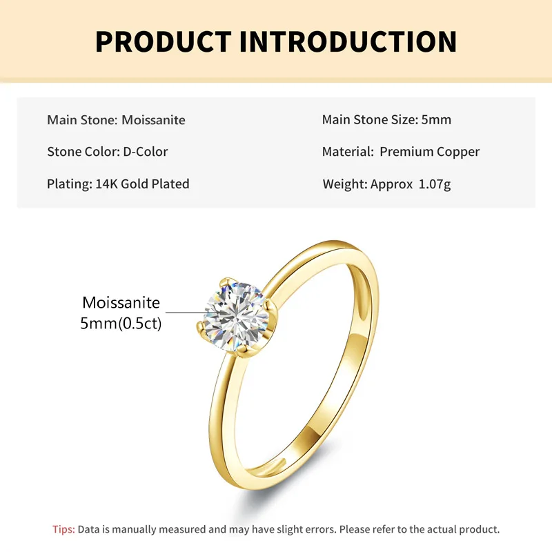 Rrjzz Runder Solitär-Moissanit-Diamant-Verlobungsring in Silber- und Goldfarbe, Zeitlose Eheringe für Frauen, Leichterer Schmuck – Detail 1