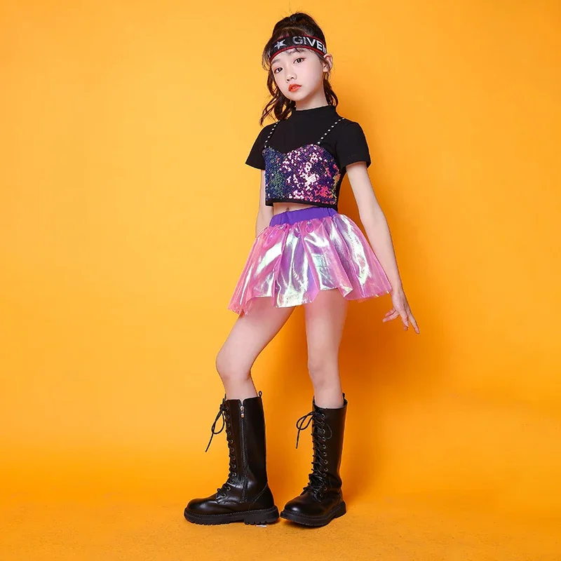 女の子のためのステージパフォーマンスコスチューム、ジャズダンス服、ヒップホップストリートウェア、スパンコールモデリング、ウォーキングショー、練習