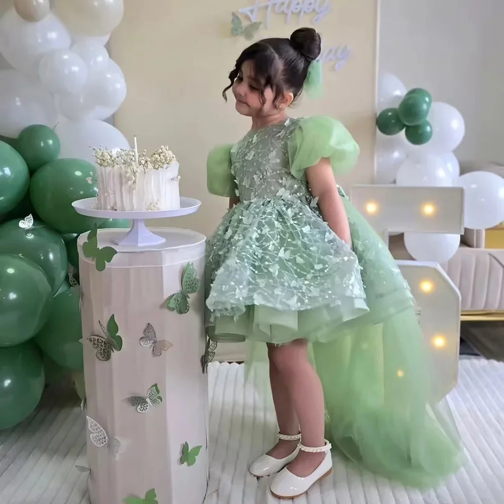 Custom Flower Girl Dress Wedding Gown Birthday Party Pageant Dress Puff Sleeve 3D Butterfly High Low Tulle Gown For Girls فسا