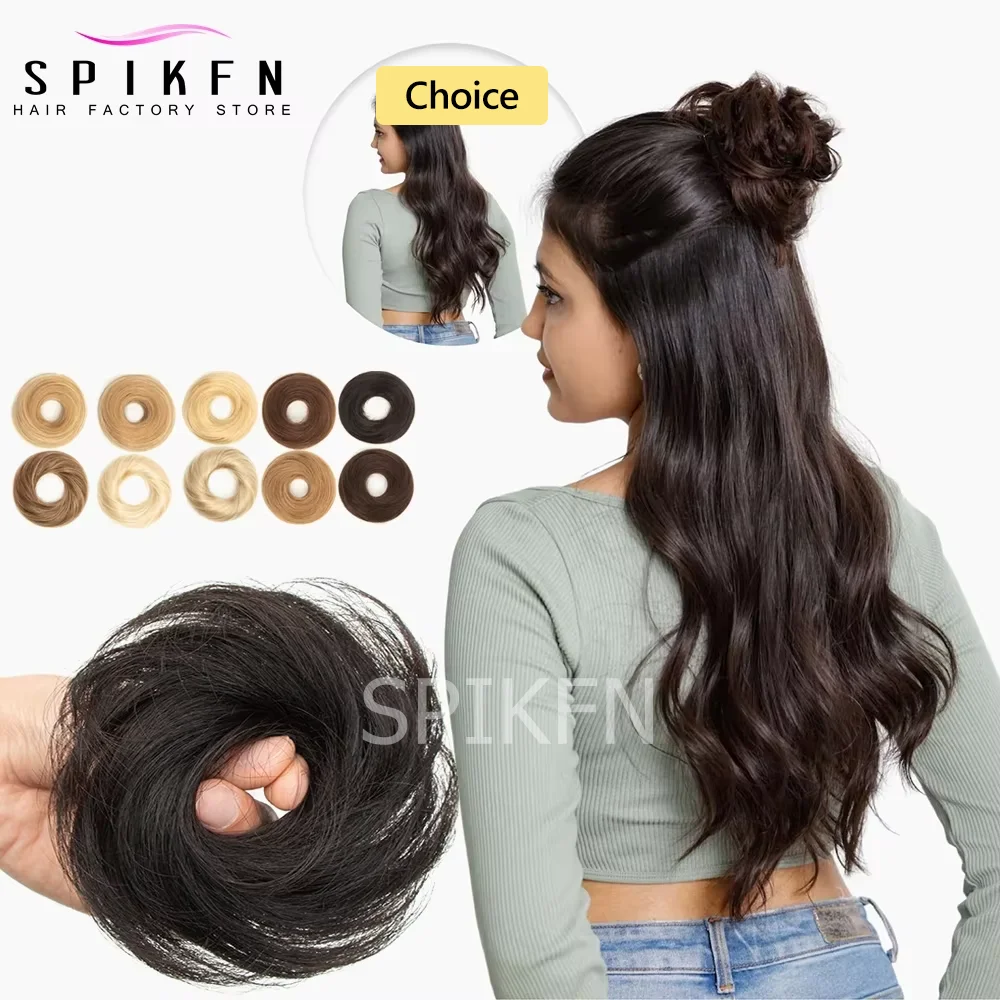 فوضوي كعكة الشعر البشري خصلات شعر مستقيم Scrunchie أوبدو مع شريط مطاطي مرن تمديد شعر الإنسان ذيل حصان Chignon دونات