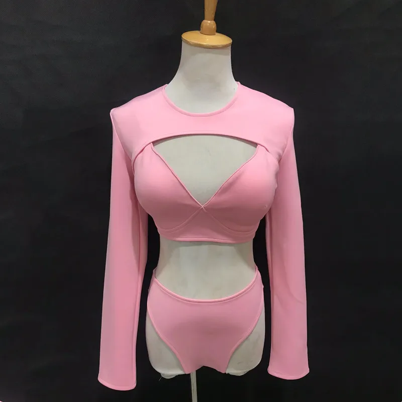 ナイトクラブ女性シンガーダンスチームコスチュームゴーゴーダンサーセクシーパフォーマンスステージウェアクラブパーティーピンクビキニ3点セットレイブ衣装