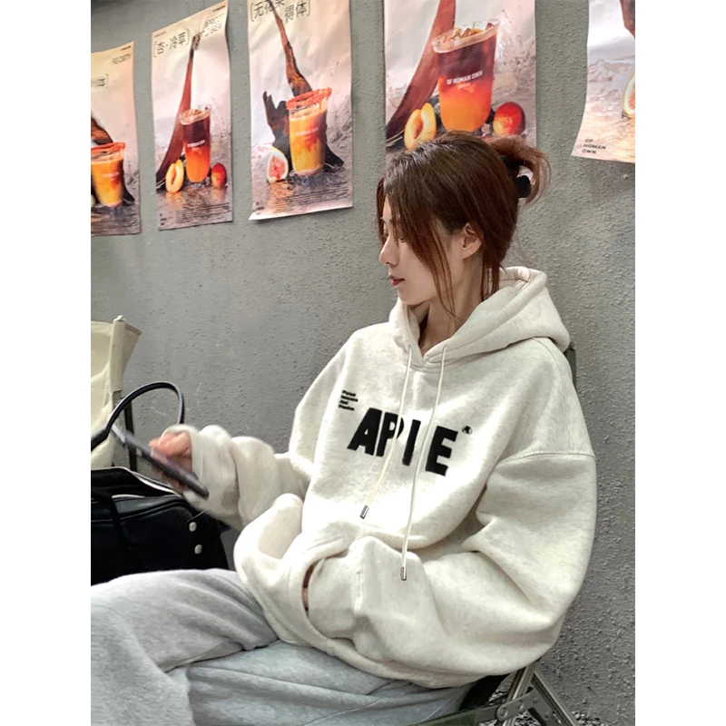 American style Oversize Plush Hoodie Women Autumn Winter 2025 New Letter Print Warm Pullover Sweatshirt Y2K Tops Ladies clothing