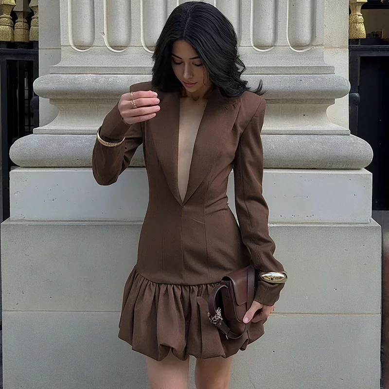 

Sexy Deep V neck Slim Dress Woman Elegant Commuting Shoulder Pads Long Sleeve Dress Autumn New Pleated Mini Dress Lady
