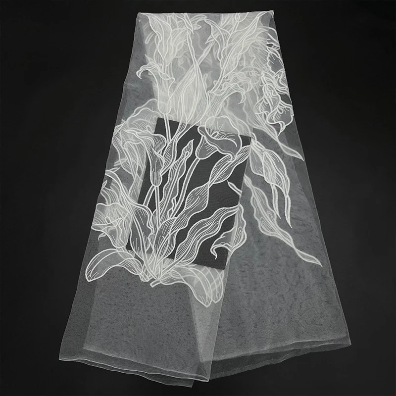 91x125cm Milk Silk Floral Embroidery Tulle Fabric White  Mesh Lace Cloth for Wedding Bridal Dress DIY Sewing Garment Material view 2