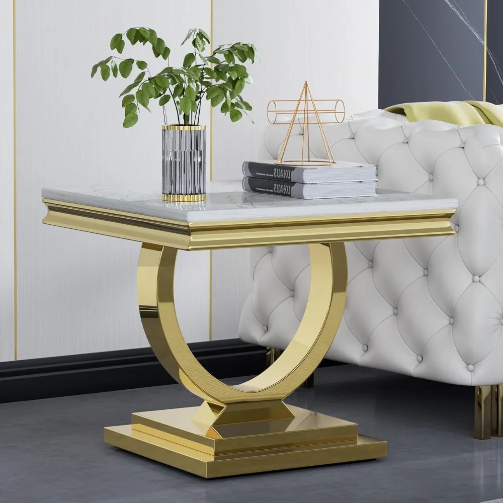 

22.8" Square End Table, Modern White Faux Marble Side Table, Nightstand Bedside Table Small Coffee Accent Table with Golden