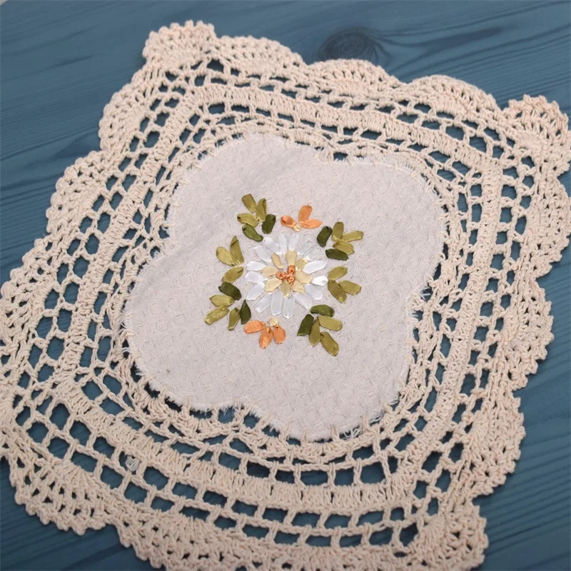 4PCS Handmade Crochet Ribbon Embroidered Plate Mat American Retro Decorative Table Mat Handkerchief