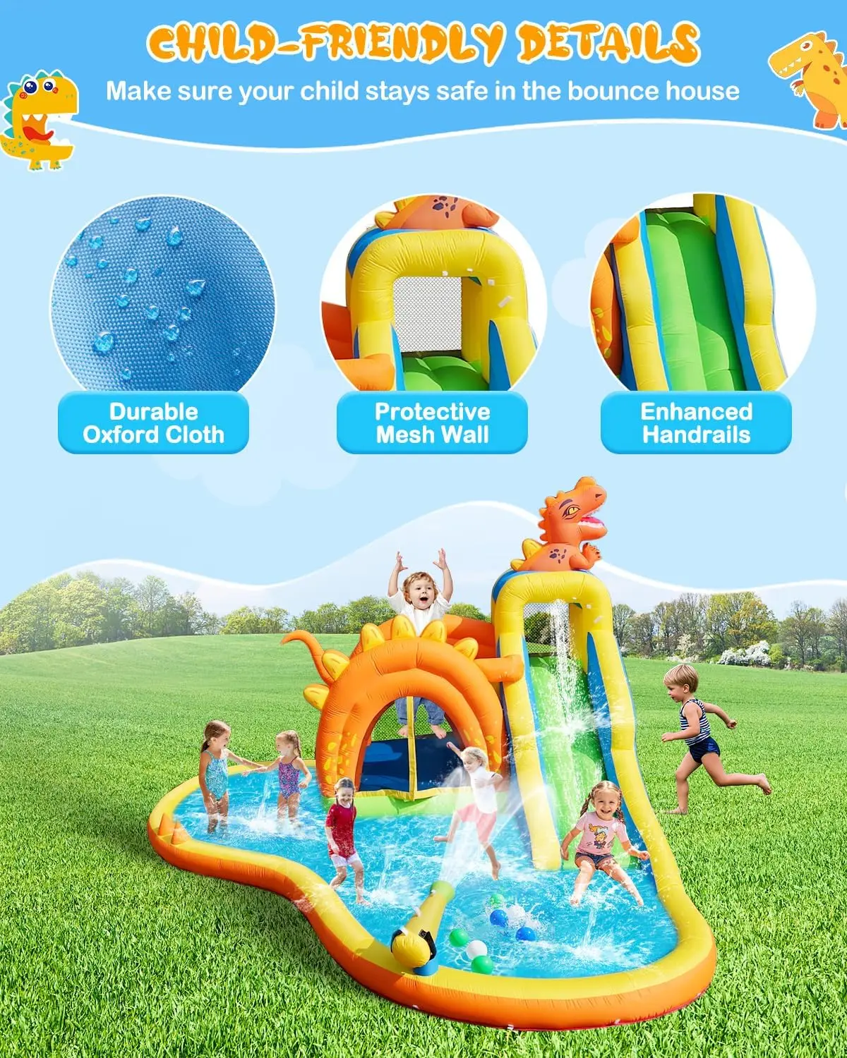 Dinosaurus opblaasbaar waterglijbaanpark - 7-in-1 springhuis met glijbaan, springgebied, splashpool, klimmuur en basketbalring |