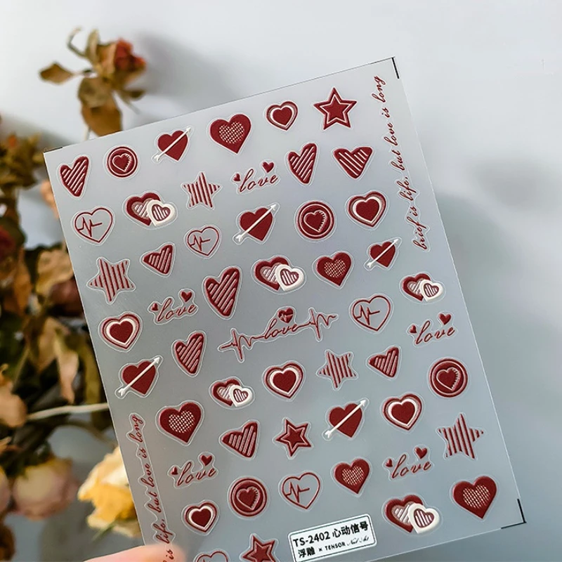 Lovely Heartbeat Signal Red Love Heart 5D Embossed Relief Self Adhesive Nail Art Sticker Cute 3D Manicure Decal Makeup DIY Woman