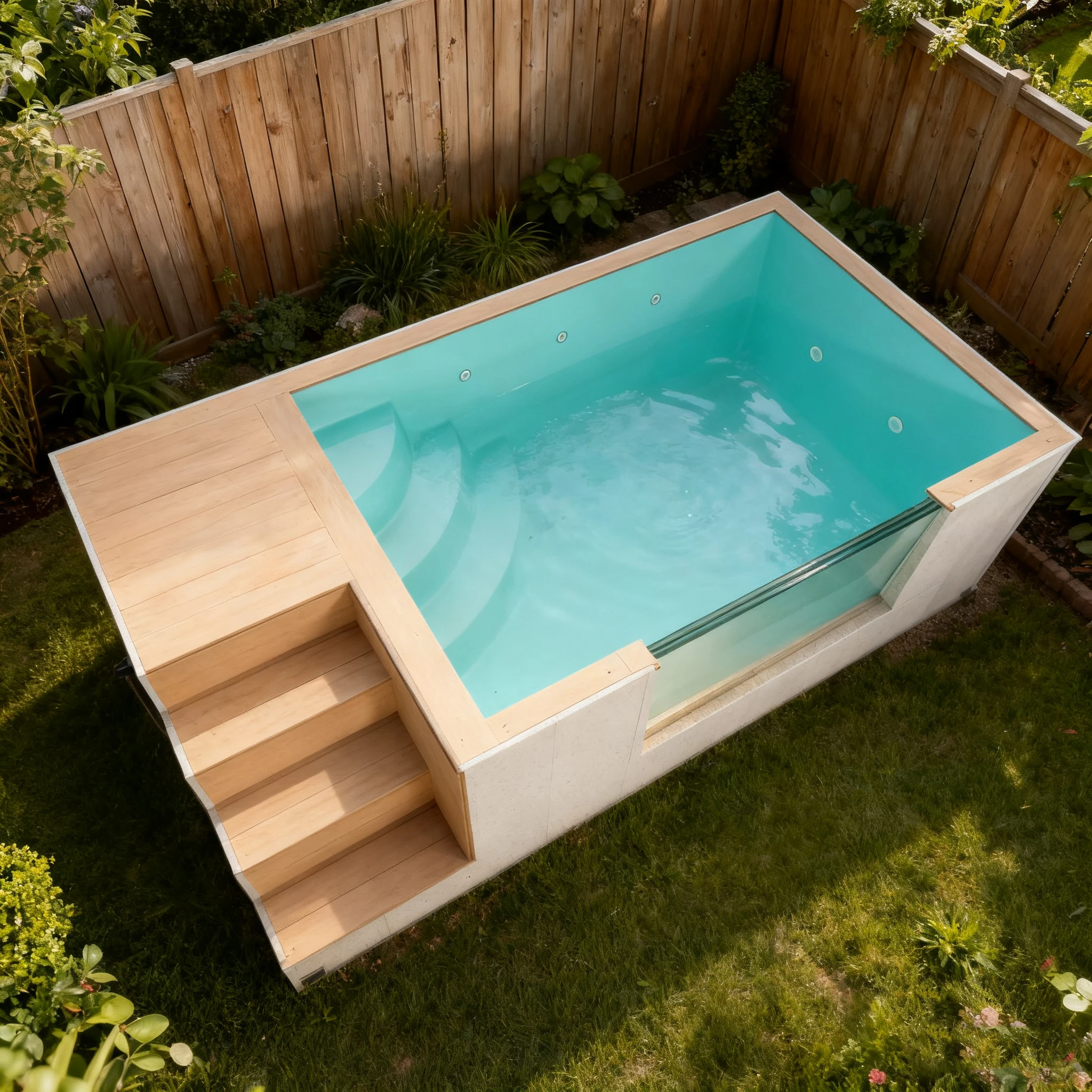 Mini Piscina para Patio y Jardín, con Ventana de Vidrio, Contenedor de Fibra de Vidrio y Madera, Pequeña Piscina Prefabricada Elevada para Exteriores