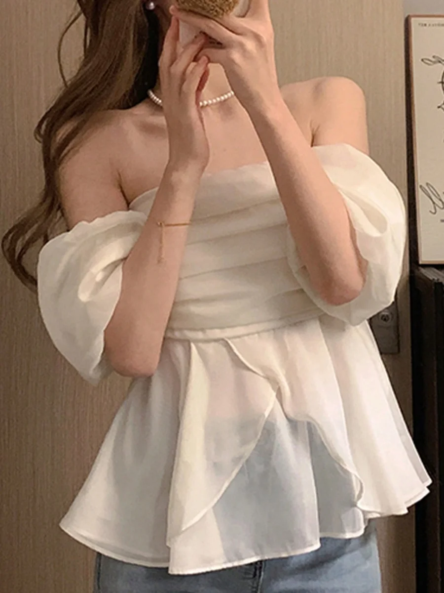 

Корейский шикарный летний топ в стиле Pure Desire Spicy Girl с одним открытым плечом, рукавами-фонариками, утягивающий талию, облегающий, женская блузка