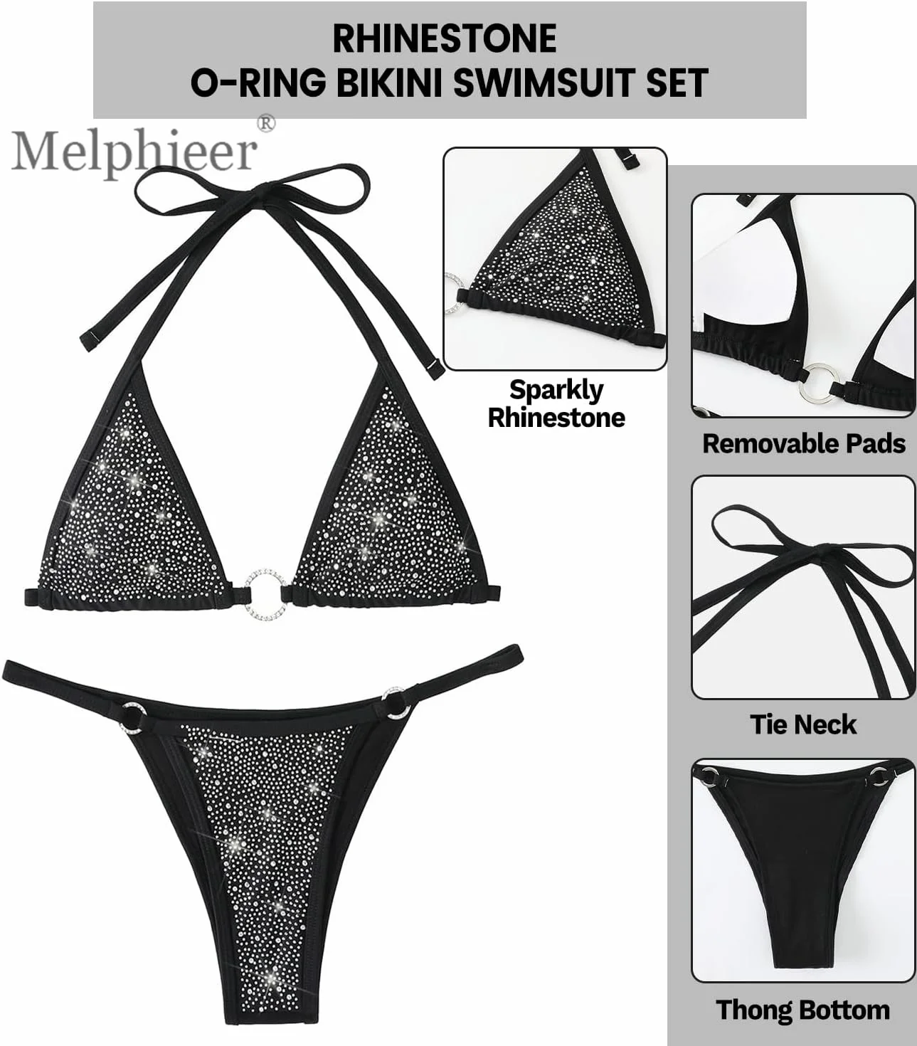 

Melphieer Girls Inspired Sparkle Rhinestone O-Ring Bikini Set, Summer Beach Ties Bikini Set, Two Piece swimsuit For Woman