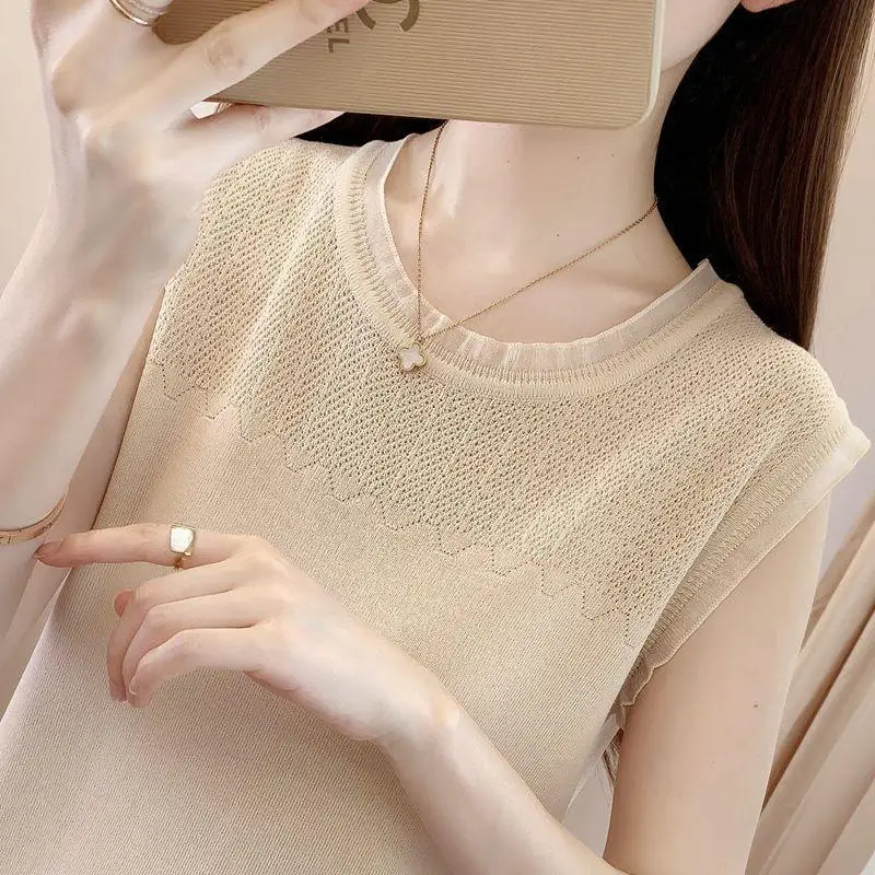 Women's Slimming Cooling Sleeveless Top Loose Fit Icy Silk Trimming Knit Camisole Versatile Summer Fashion Layering Vest