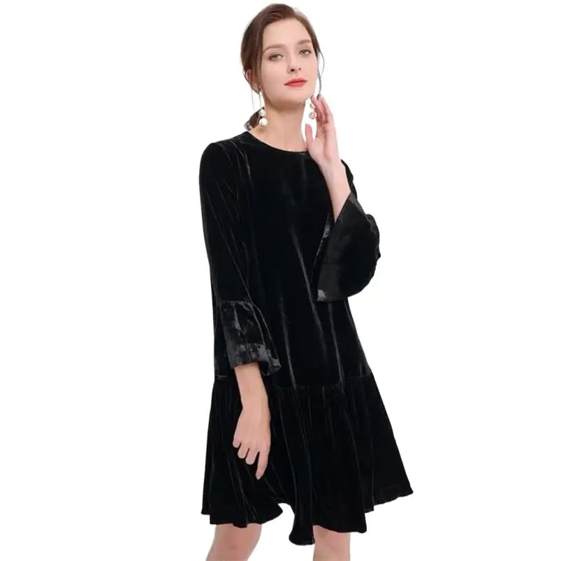 

2024 Autumn Loose Midi Velvet Dress Women Ruffled Wrist Sleeve A-Line Dress Female Solid Velour Vestidos Sundress Female Clothes