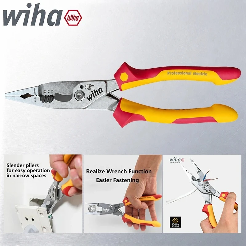 wiha-8-in-1多機能絶縁電工ペンチ、ケーブルのストリップ、切断、圧着用の輸入製ニードルノーズプライヤー
