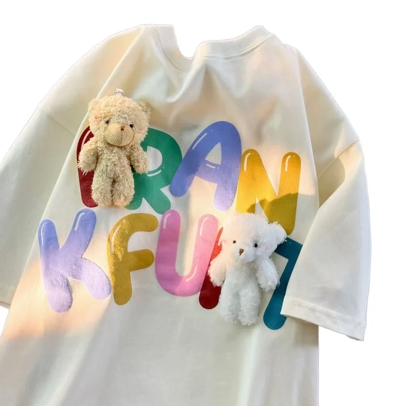 

Дофамин, летний новый хлопковый медведь с коротким рукавом и круглым вырезом, свободный нишевый милый топ, трехмерное украшение интернет-знаменитостей