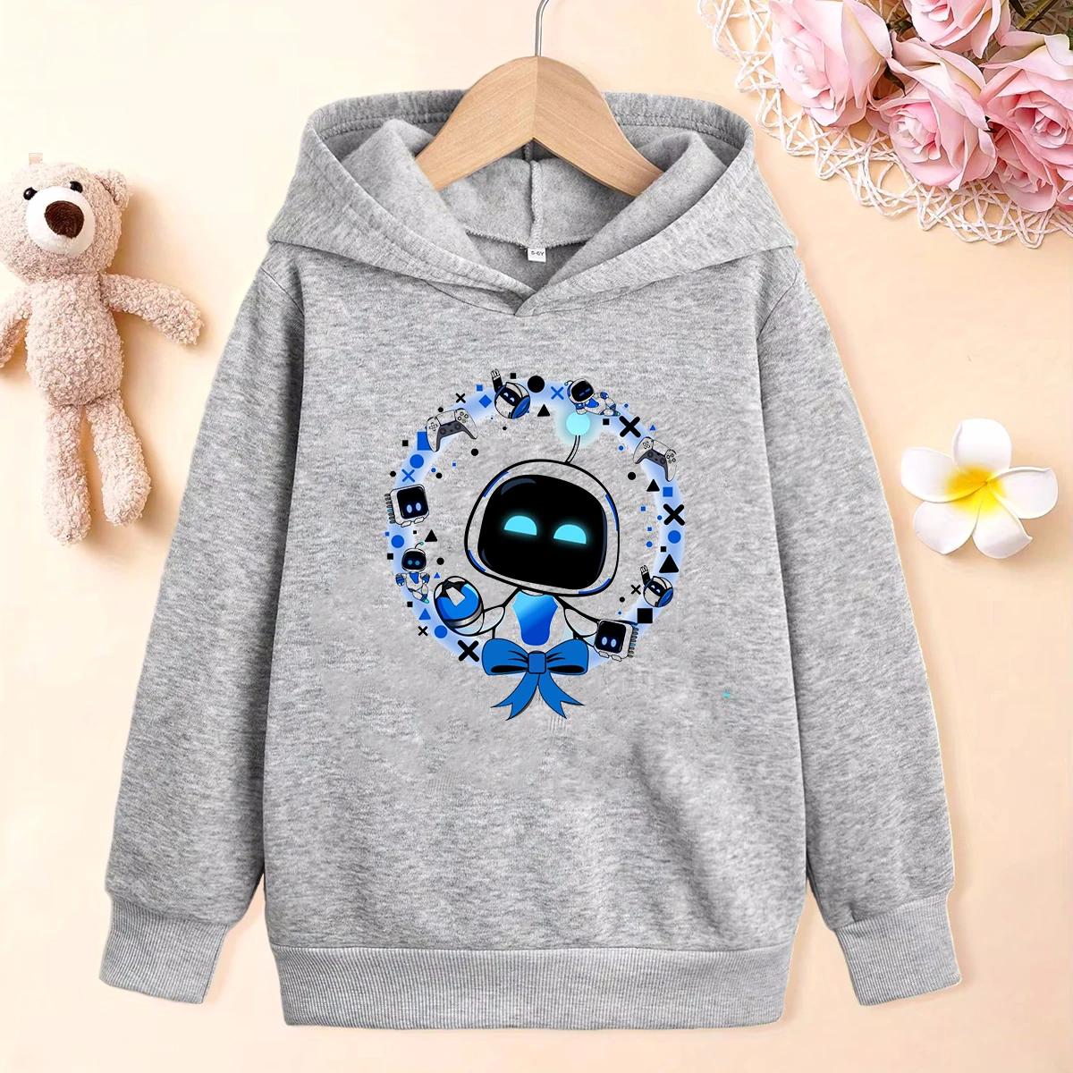 New Boys Hoodies Anime Astros Playroom Cartoon Print Kids Hoodie Harajuku Toddler Baby Long-Sleeved Grey Sweatshirt Plush Jacket