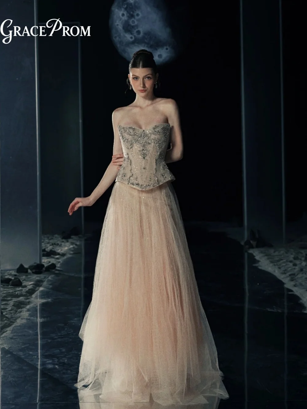 Elegant Strapless A Line Tulle Evening Gown 2027 Blush Beaded Corset Top Formal Dress For Wedding Guest Sparkling فساتين سهرة