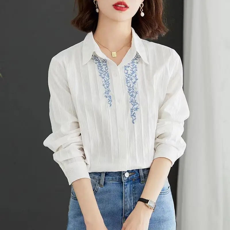 

Cotton Embroidered White Shirt 2025 Spring And Autumn New Design Feel Loose Long Sleeve Top For Women