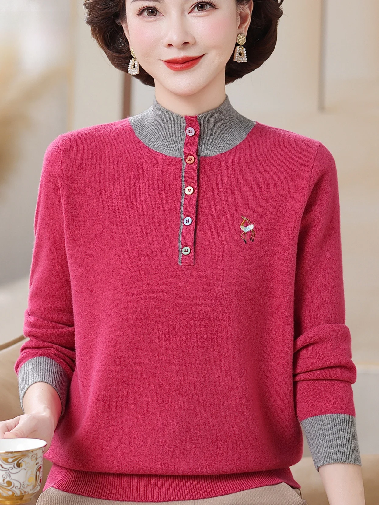 

Autumn Winter Women's Knitted Sweater f High Collar Patchwork Color Embroidery Button Pure Woolen Top Mom Sle Clothing