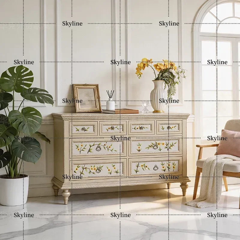 for French Hand-Painted Flower Eight-Bucket Cabinet Light Luxury Retro Entrance Household Large Living Room Bedroom Drawer