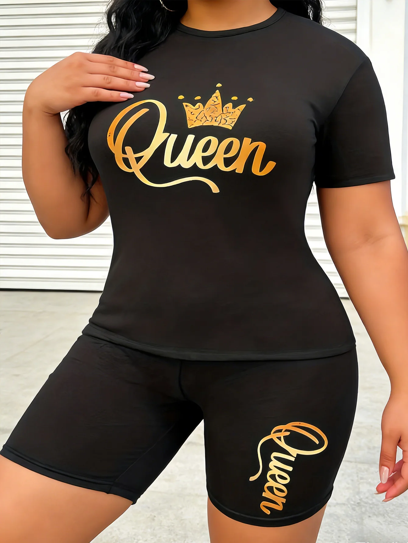 Modisches, lässiges, zweiteiliges Set mit Queen-Print für Damen in Übergröße, kurzärmliges Oberteil mit Rundhalsausschnitt und Shorts, Kleidung für Damen in Übergröße