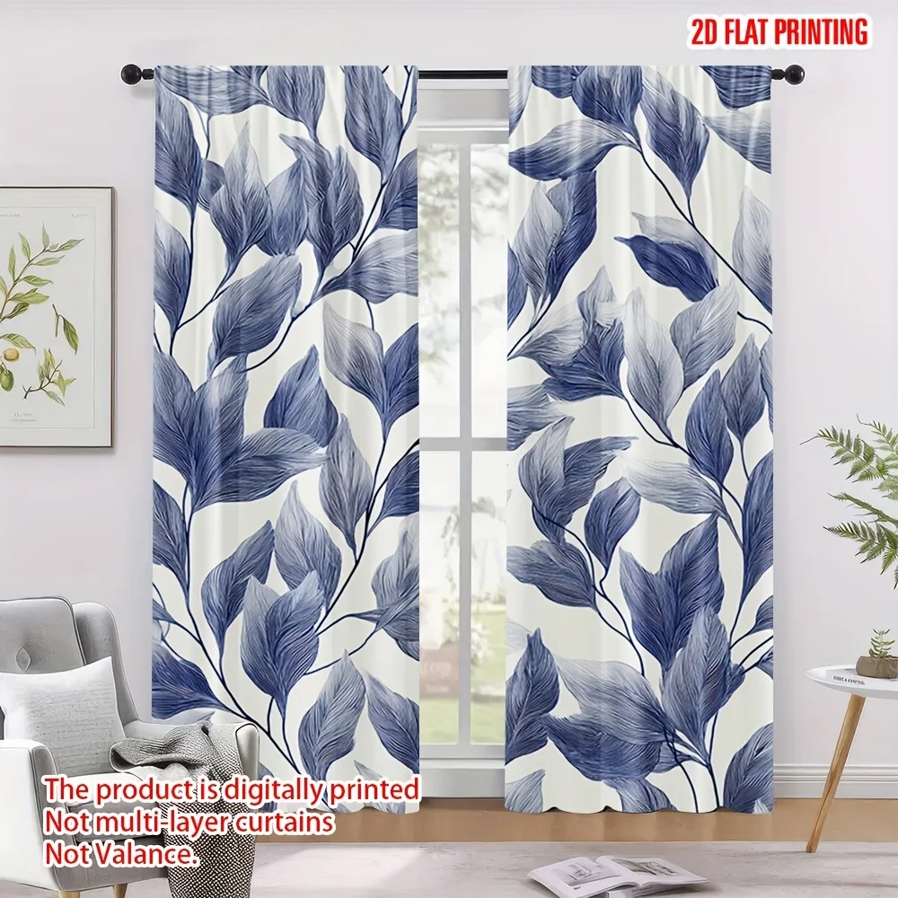 Blue leaf pattern plant watercolor art curtains, pole-mounted installation. Suitable for living room bedroom, dining room hotel