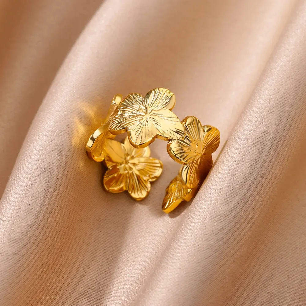 Stainless Steel Flower Rings for Women Gold Color Shell Starfish Multi Layer Hollow Out Ring Fashion Charm Jewelry Wedding Gifts